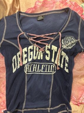 Urban Outfitters Navy Tee with Pink Lace-Up Detail